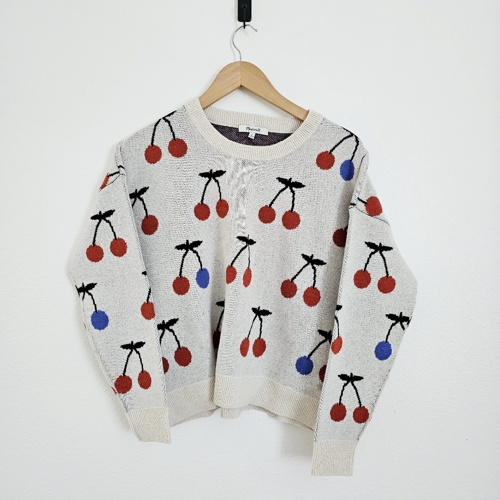 Madewell Cherry Jacquard Pullover Sweater Wool Blend Crewneck Sweater Size Small